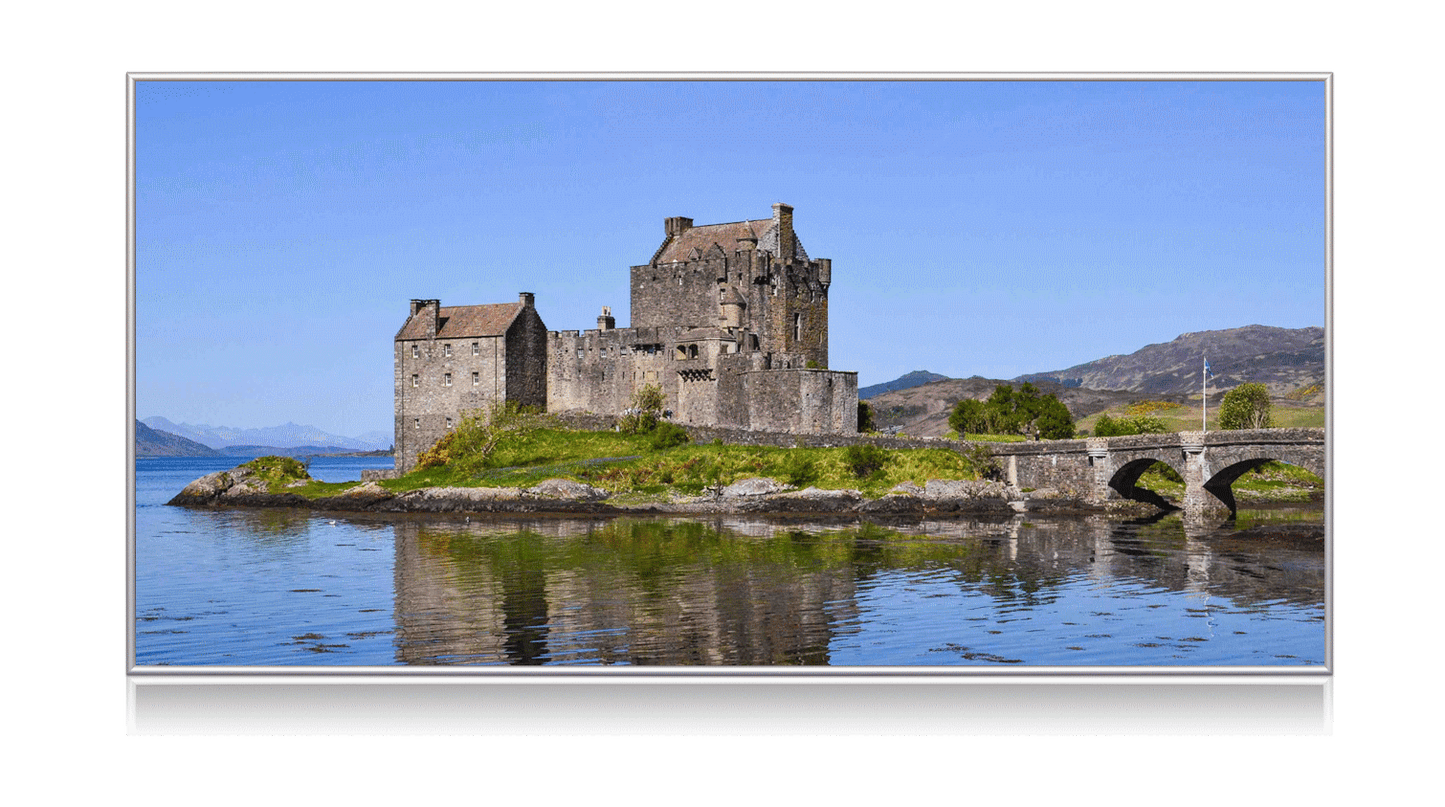 Stufa a infrarossi in vetro con telaio in alluminio inclusa stampa digitale (Eilean Donan Castle)